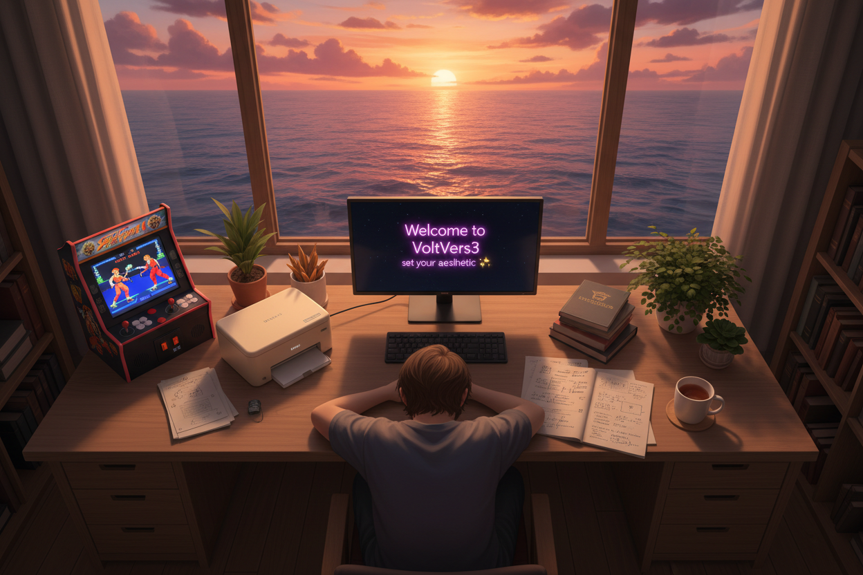 Someone studying with the view face down with a portable printer and detailed notes next to them with an arcade console on playing street fighter to the side with a monitor displaying : Welcome to VoltVers3 set your aesthetic ✨. Also there is a window with the sunset and sea in the background 